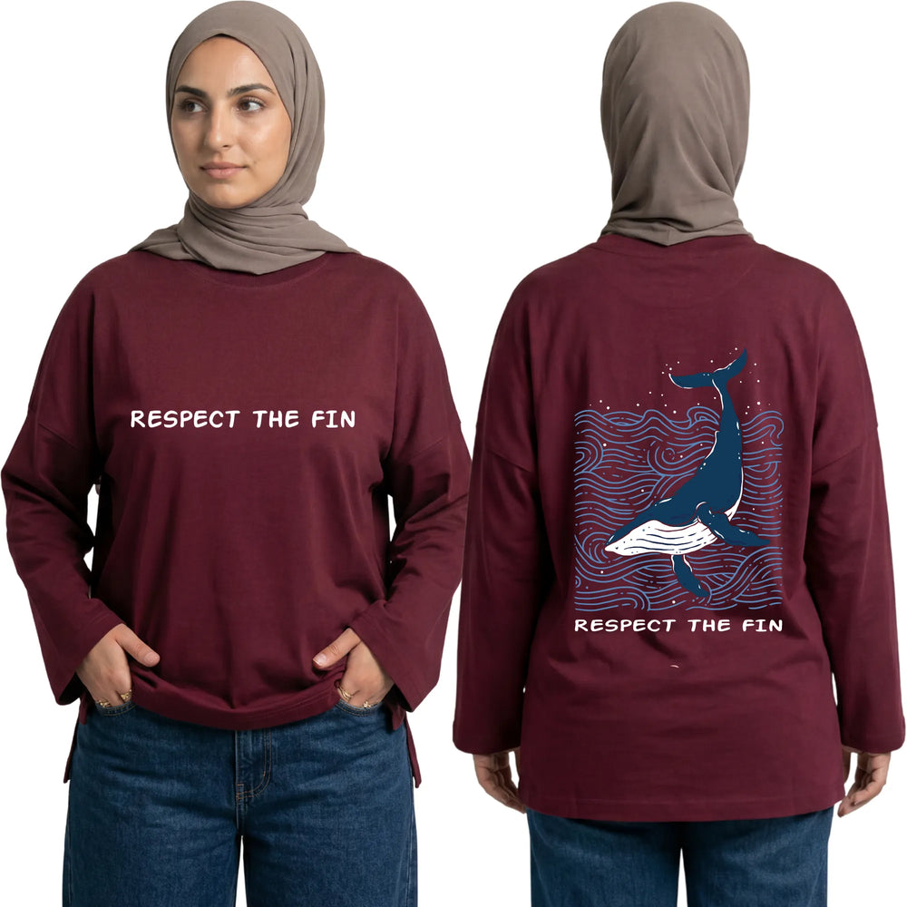 Respect The Fin Long Sleeve Oversized Cotton Women T-Shirt