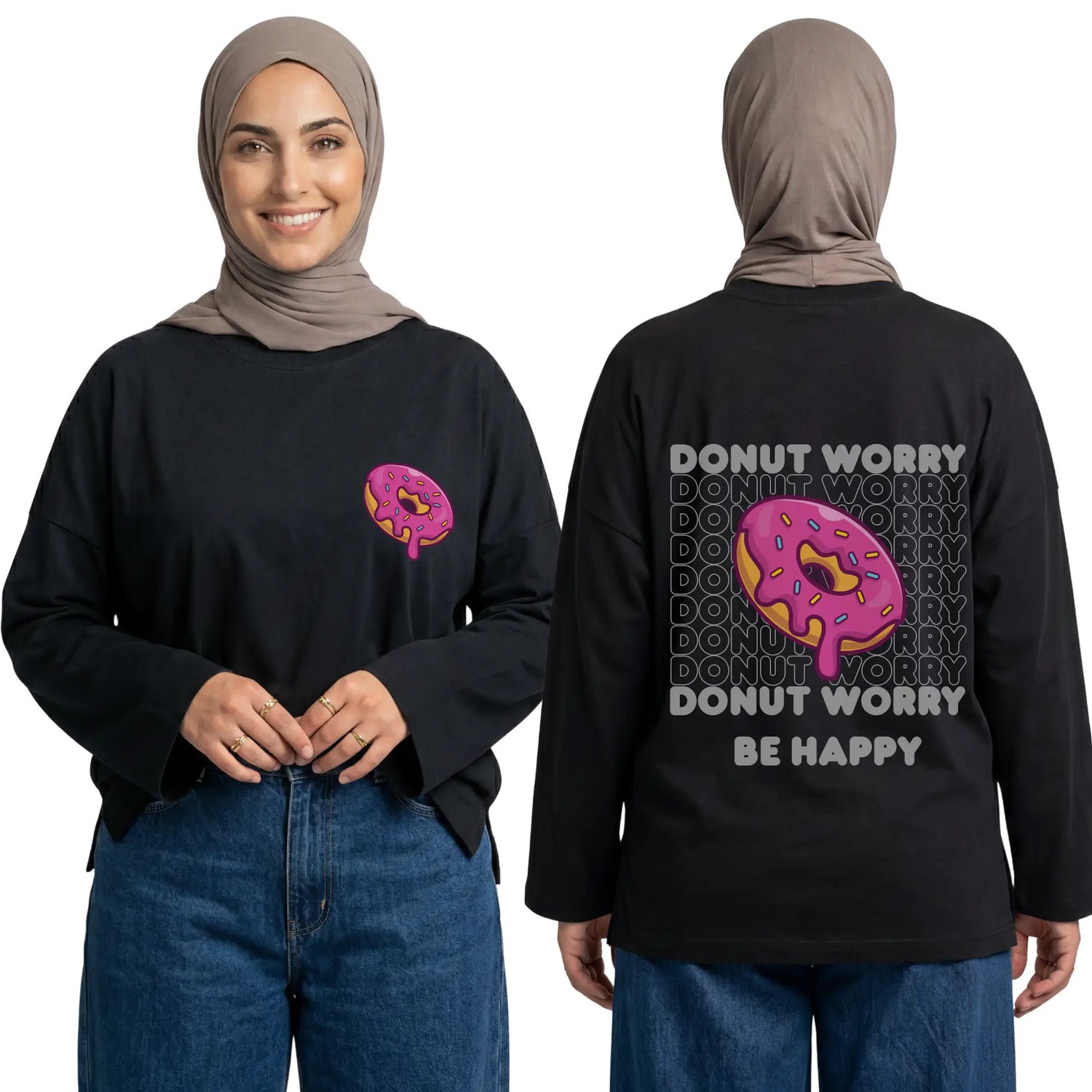 Donut Worry Long Sleeve Oversized Cotton Women T-Shirt