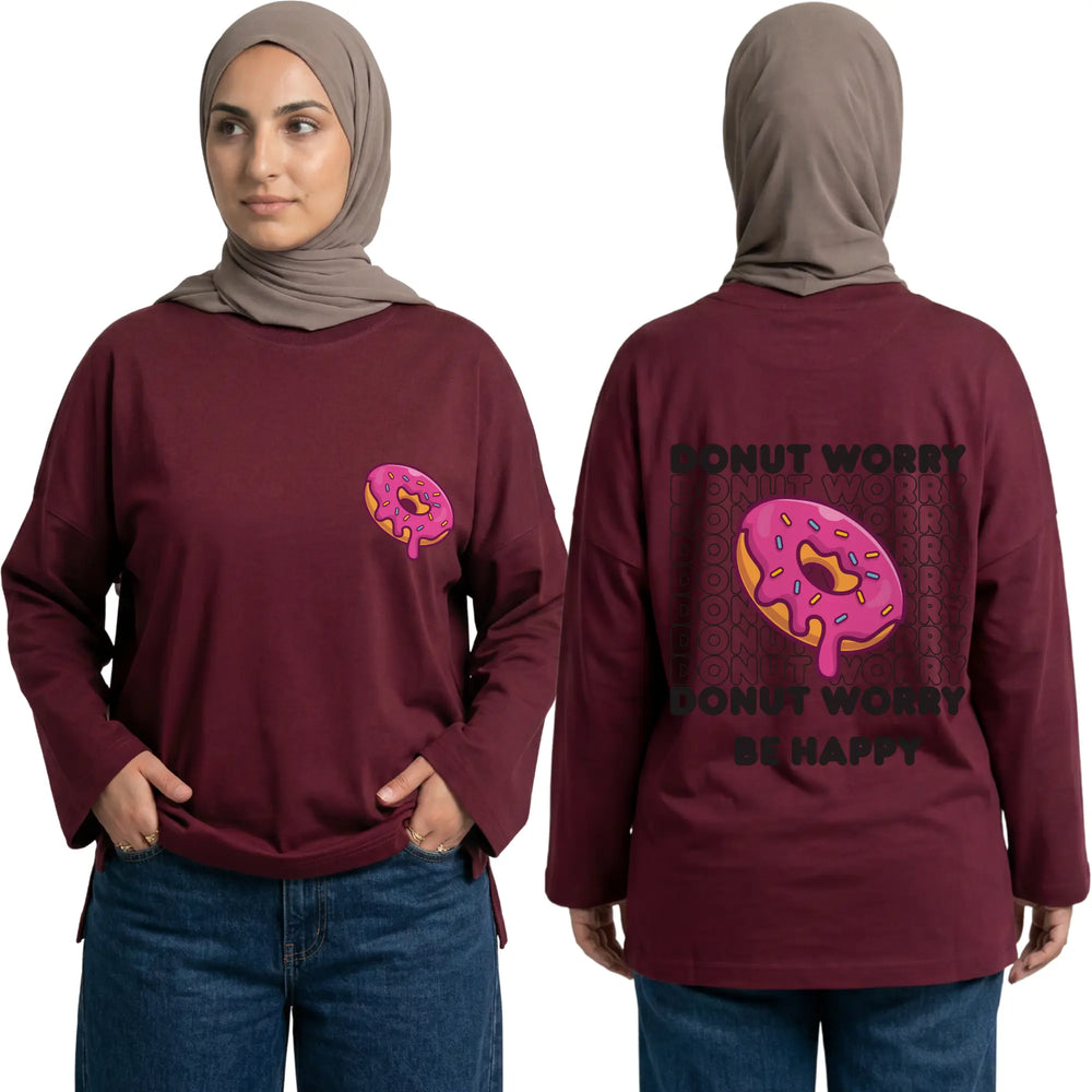 Donut Worry Long Sleeve Oversized Cotton Women T-Shirt
