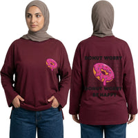 Donut Worry Long Sleeve Oversized Cotton Women T-Shirt