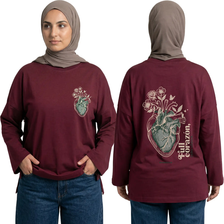Mareaviva Heart Long Sleeve Oversized Cotton Women T-Shirt