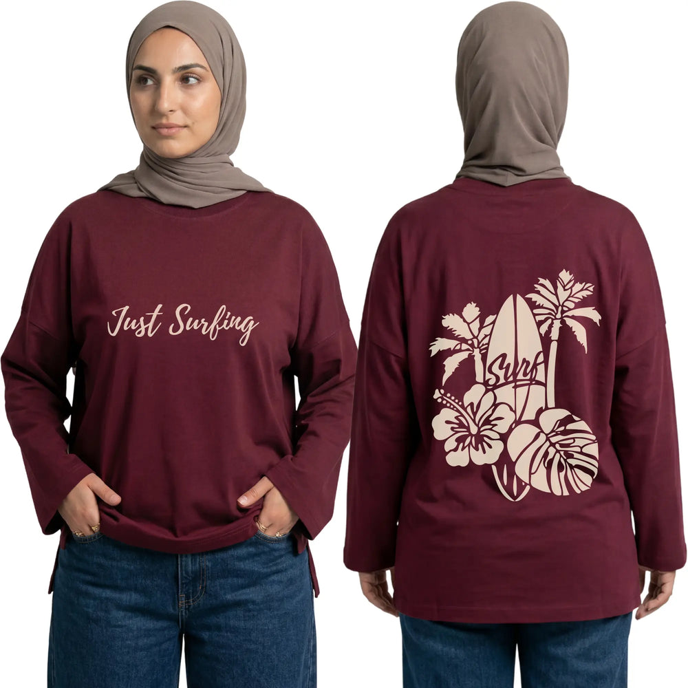 Just Surfing Long Sleeve Oversized Cotton Women T-Shirt