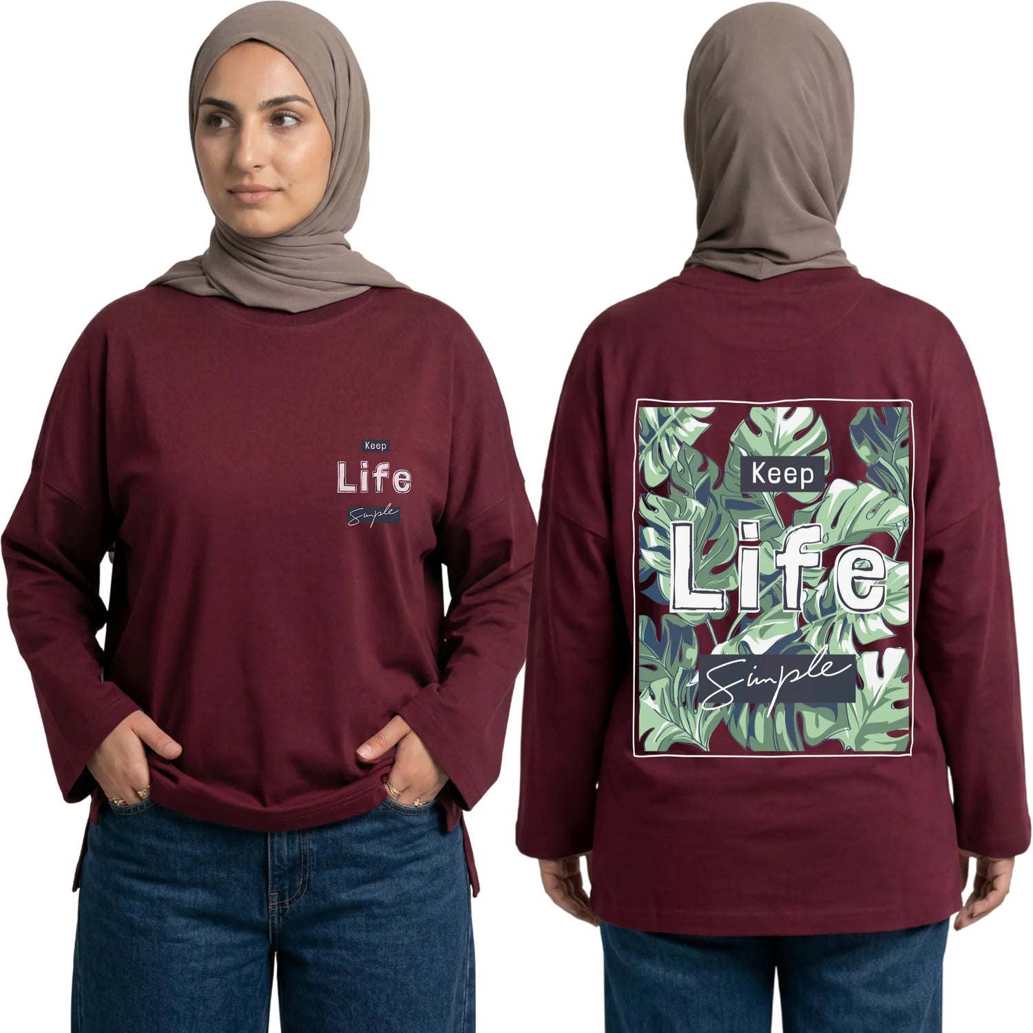 Keep Life Simple Long Sleeve Oversized Cotton Women T-Shirt
