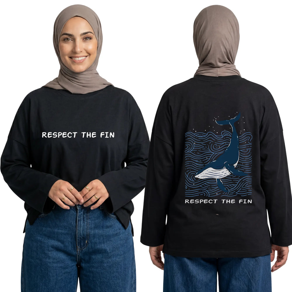 Respect The Fin Long Sleeve Oversized Cotton Women T-Shirt