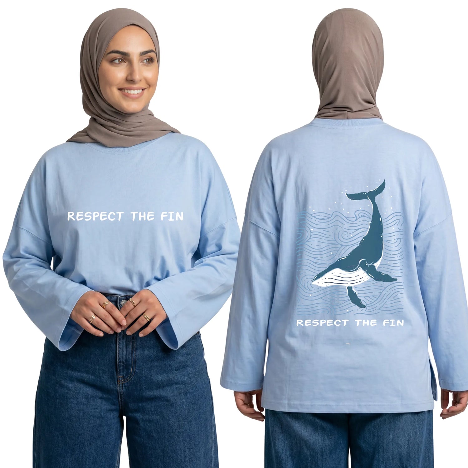 Respect The Fin Long Sleeve Oversized Cotton Women T-Shirt