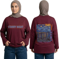 Starry Night By Vincent Van Gogh Long Sleeve Oversized Cotton Women T-Shirt