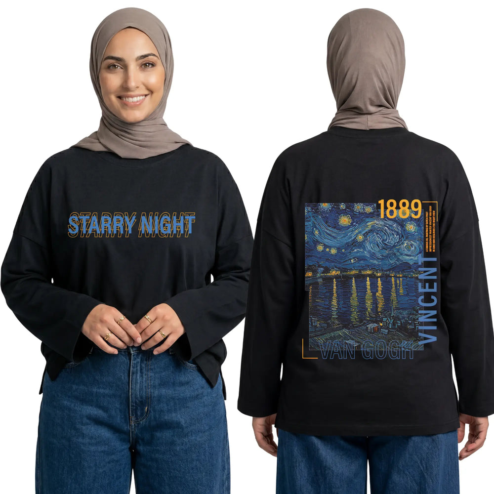 Starry Night By Vincent Van Gogh Long Sleeve Oversized Cotton Women T-Shirt