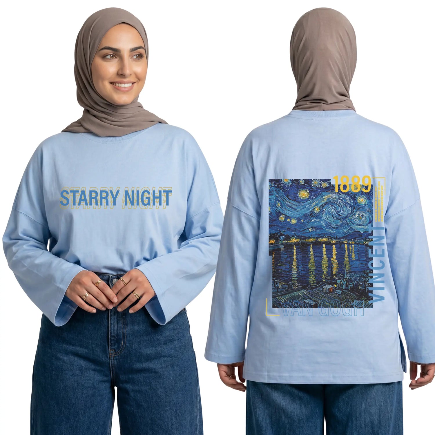 Starry Night By Vincent Van Gogh Long Sleeve Oversized Cotton Women T-Shirt